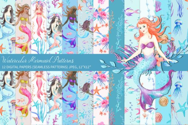 水彩手绘美人鱼图案纸张背景素材 Watercolor Mermaid Digital Paper