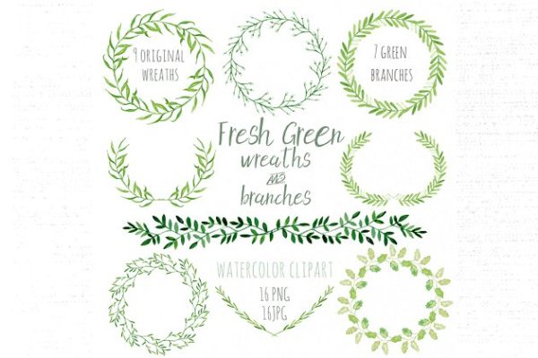新鲜淡绿色手绘树枝花环剪贴画合集 Fresh green branches &amp; wreath
