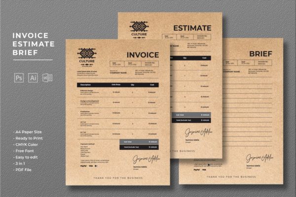 复古牛皮纸背景账单发票单据设计模板 Invoice Estimate Brief