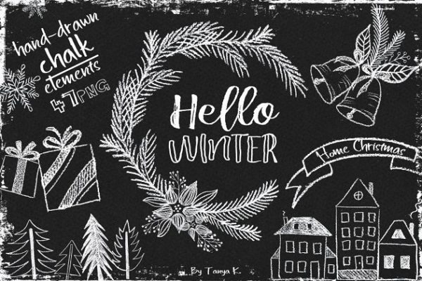 您好，冬天-粉笔手绘素材 Hello Winter Hand-drawn Chalk Kit