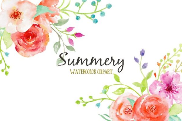 夏日鲜花，玫瑰，树叶和装饰元素水彩剪贴画 Watercolor Clipart Summery