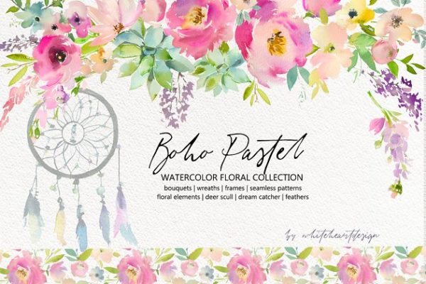 波希米亚式水粉花卉素材集 Boho Pastel Watercolor Flowers Set