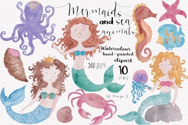 美人鱼水彩手绘剪贴画 Mermaids Watercolor Hand-painted