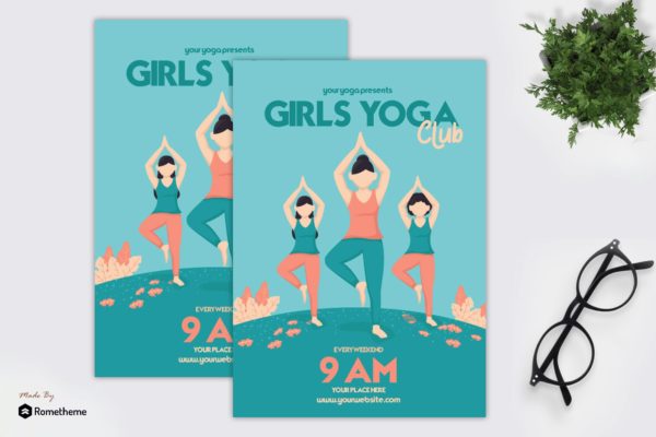 女神瑜伽俱乐部宣传单海报PSD素材普贤居精选模板 Girls Yoga Club &#8211; Flyer GR