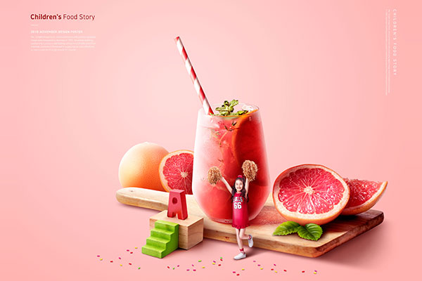 红柚果汁饮品宣传推广儿童主题海报PSD素材素材中国精选