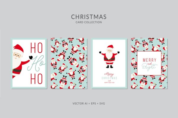 卡通圣诞老人背景圣诞节贺卡矢量设计模板 Christmas Greeting Card Vector Set