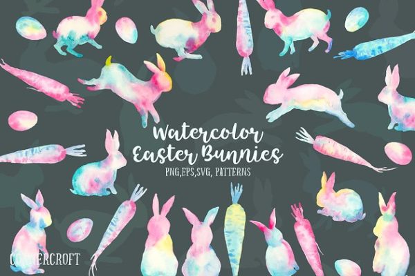 复活节水彩手绘兔子剪贴画合集 Watercolor Abstract Easter Bunny