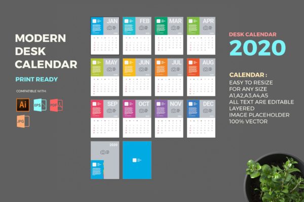 五彩颜色背景2020年照片台历日历表模板 Modern 2020 Desk Calendar Pro