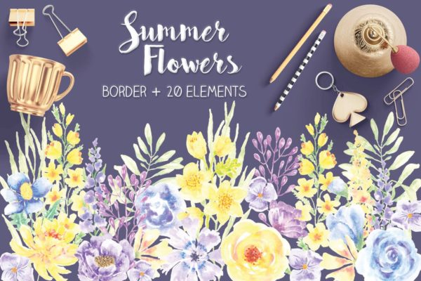 夏天花卉水彩手绘装饰框&amp;设计