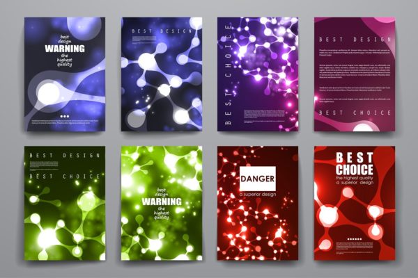 霓虹分子结构图形背景小册子模板合集 Brochures in neon molecule structure