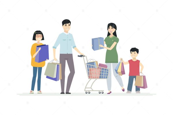 中国家庭购物卡通人物形象矢量素材中国精选设计素材 Chinese family doing shopping &#8211; illustration