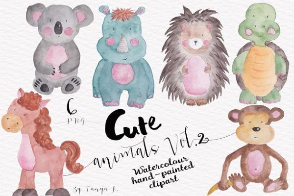 可爱卡通动物水彩剪贴画 Cute Watercolor animals clipart