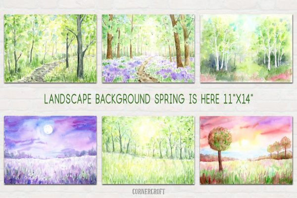 手绘春季山水水彩背景 Watercolour Landscape Print Spring