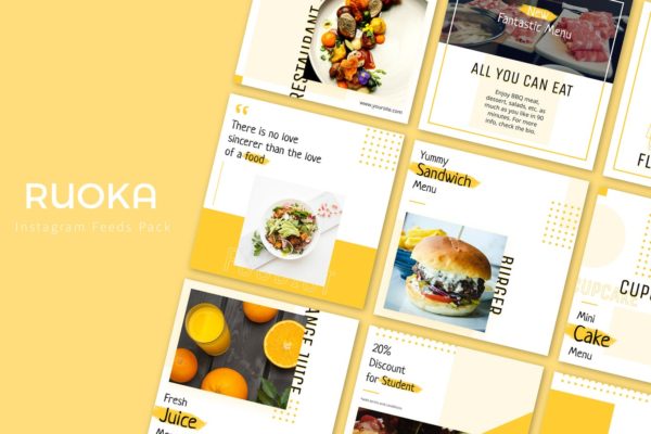Instagram社交媒体美食主题信息流设计模板16设计网精选 Ruoka &#8211; Instagram Feeds Pack