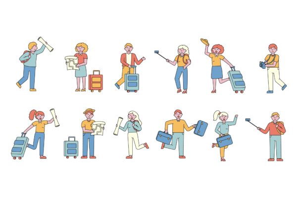 旅行人物形象线条艺术矢量插画16图库精选素材 Tourists Lineart People Character Collection