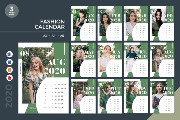 时尚行业主题2020年日历表定制设计模板 Fashion Calendar 2020 Calendar 2 &#8211; AI, DOC, PSD
