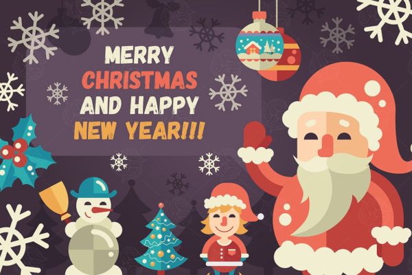 圣诞节&amp;新年贺卡矢量手绘模板 Merry Christmas, Happy New Year Greeting Card