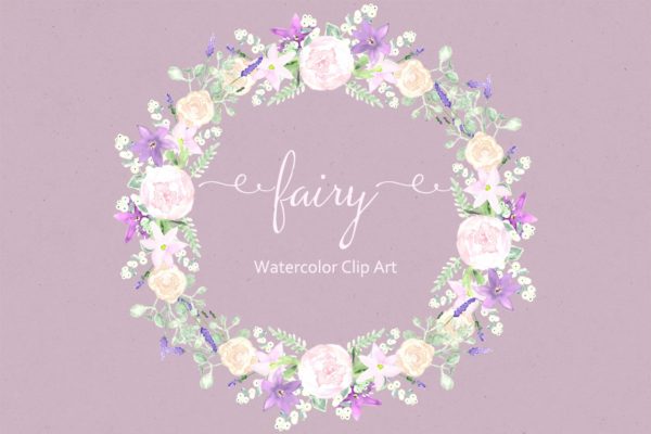 花环花束水彩剪贴画 Fairy. Purple Watercolor Clipart.