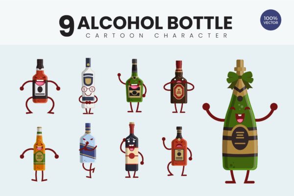 9个酒瓶可爱卡通形象矢量图 9 Cute Alcohol Bottle Vector Illustration
