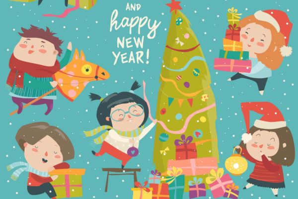 快乐卡通儿童圣诞装饰品矢量插画 Happy cartoon children with Christmas decor.