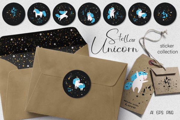星座独角兽贴纸图案素材天下精选设计素材 Stellar Unicorn Stickers