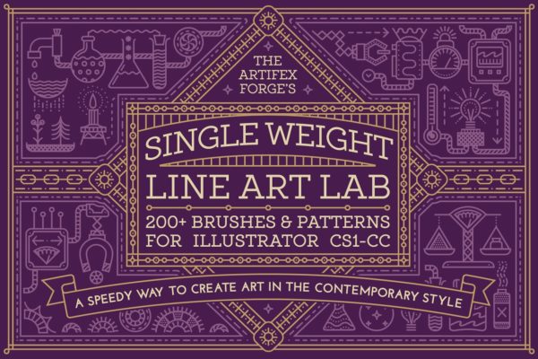 实验室物品线条图形AI笔刷&amp;纹理 Single Weight Line Art Lab
