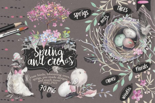 “春天与乌鸦”水彩插画元素合集 &#8220;Spring &amp; crows&#8221; bundle