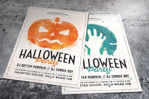 水彩风万圣节派对传单设计模板 Watercolor Halloween Party Flyer