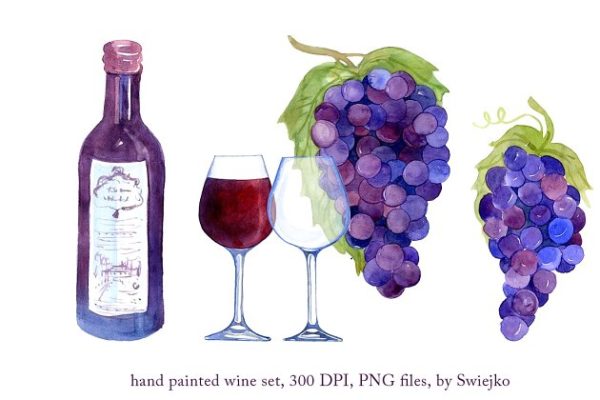 水彩葡萄&amp;葡萄酒矢量剪贴画 Watercolor Wine, Grapes