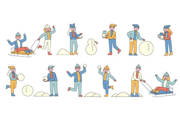 冬天雪地玩乐人物形象线条艺术矢量插画16设计网精选素材 Winter Lineart People Character Collection
