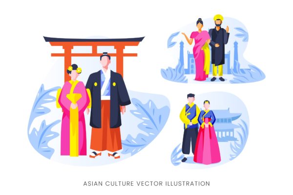 亚洲文化人物形象普贤居精选手绘插画矢量素材 Asian Culture Vector Character Set