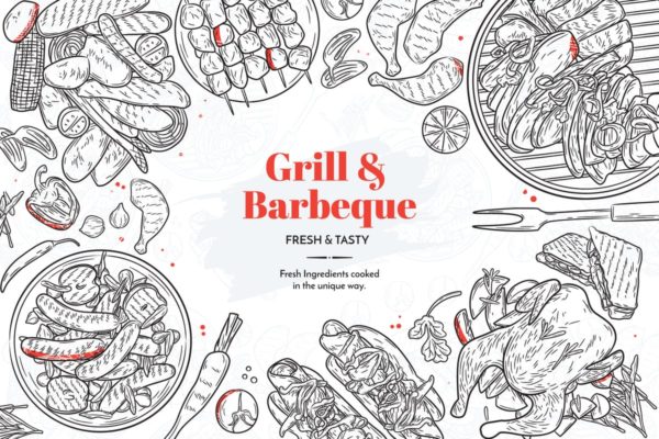 烧烤主题手绘插画元素 Grill And Barbecue Hand Drawn Elements
