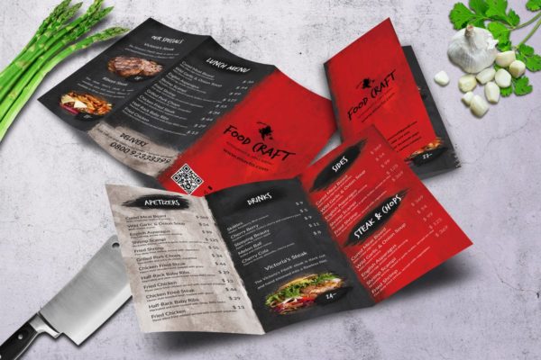 高级西餐厅食物菜单设计PSD模板 Craft Food Trifold A4 &amp; US Letter Menu Design