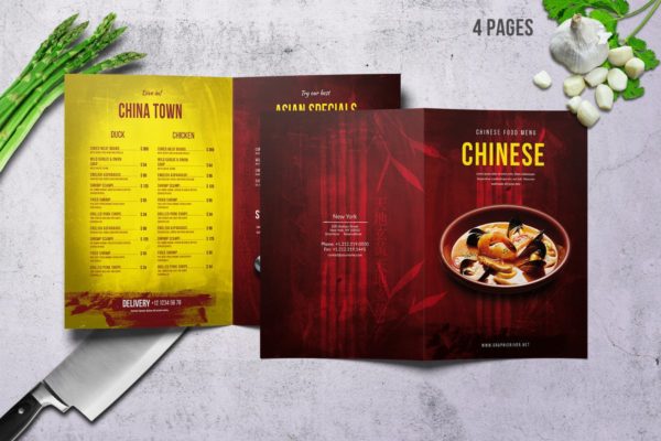 复古中国菜中餐厅菜单设计模板 Chinese A4 &amp; US Letter Food Menu