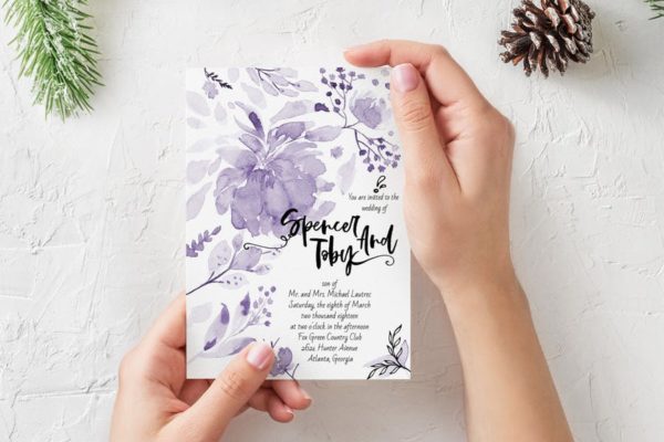 紫色水彩手绘婚礼婚宴请柬电子版设计模板 Purple handprinted Wedding Invitation Card