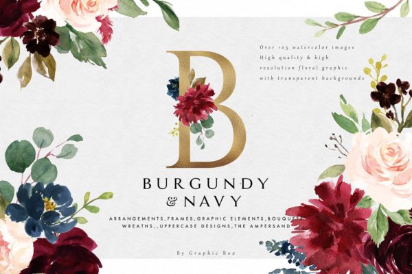 极力推荐：水彩花卉素材 Burgundy&amp;Navy Floral Graphic Set [1.63GB]