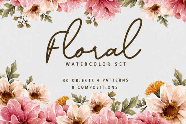 植物花卉水彩手绘图案纹样背景设计套装 Floral Botanical Watercolor Set