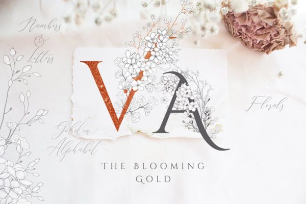 美丽盛开金色花卉字母数字图集 Blooming Gold Floral Letters Numbers