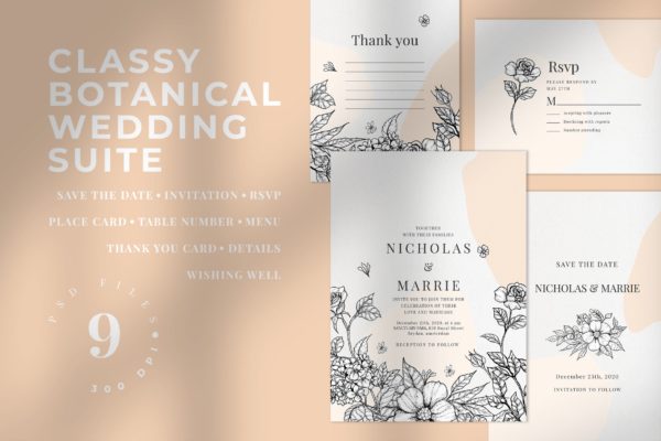 优雅素色花卉手绘图案婚礼邀请设计套件 Classy Botanical Wedding Suite