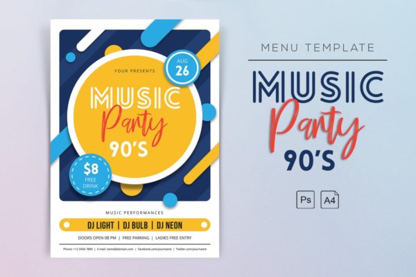 90s年代怀旧音乐派对传单模板 Music Party 90s Flyers