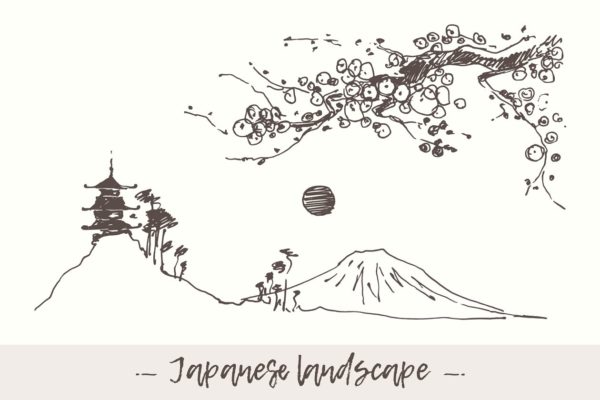 富士山与宝塔素描图形 Mount Fuji with pagoda