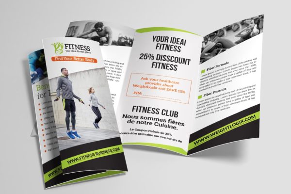 健身俱乐部宣传单三折页手册模板 Fitness Trifold Brochure