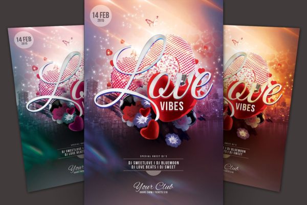 甜蜜心形元素情人节活动海报传单模板 Love Vibes Flyer Template