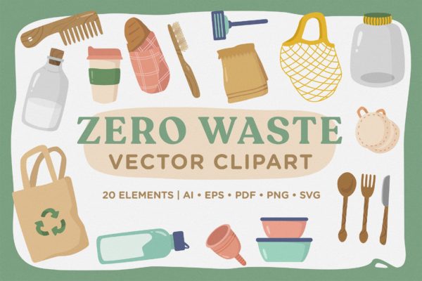 环保餐具环保主义主题矢量剪贴画素材 Zero Waste Vector CLipart Pack