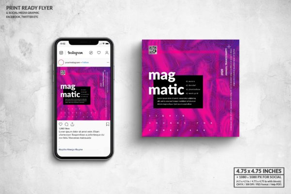 彩色岩浆风格音乐主题传单&amp;社交广告图设计模板 Magmatic Music Square Flyer &amp; Social Media Post
