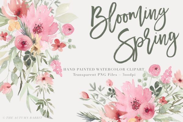春暖花开水彩花卉插画 Blooming Spring &#8211; Watercolor Flowers