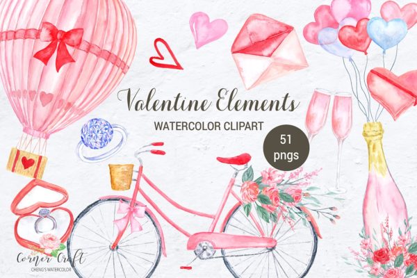 手绘水彩情人节元素剪贴画 Watercolor Valentine Elements