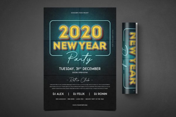 LED霓虹灯管特效新年主题派对海报传单模板 New Year Party Flyer