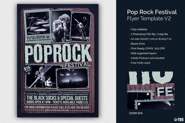 暗色调摇滚音乐节海报传单PSD模板V2 Pop Rock Festival Flyer PSD V2