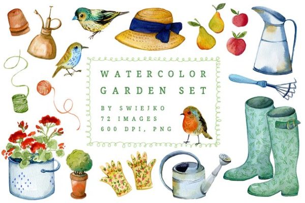 水彩花园元素插画设计套装 Watercolor Gardener Set